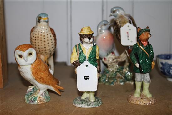 Beswick group of turtle doves, 1022, a kestrel, 2316, an owl, 2026 & two sporting figures, ECF 1 & 2 (5)